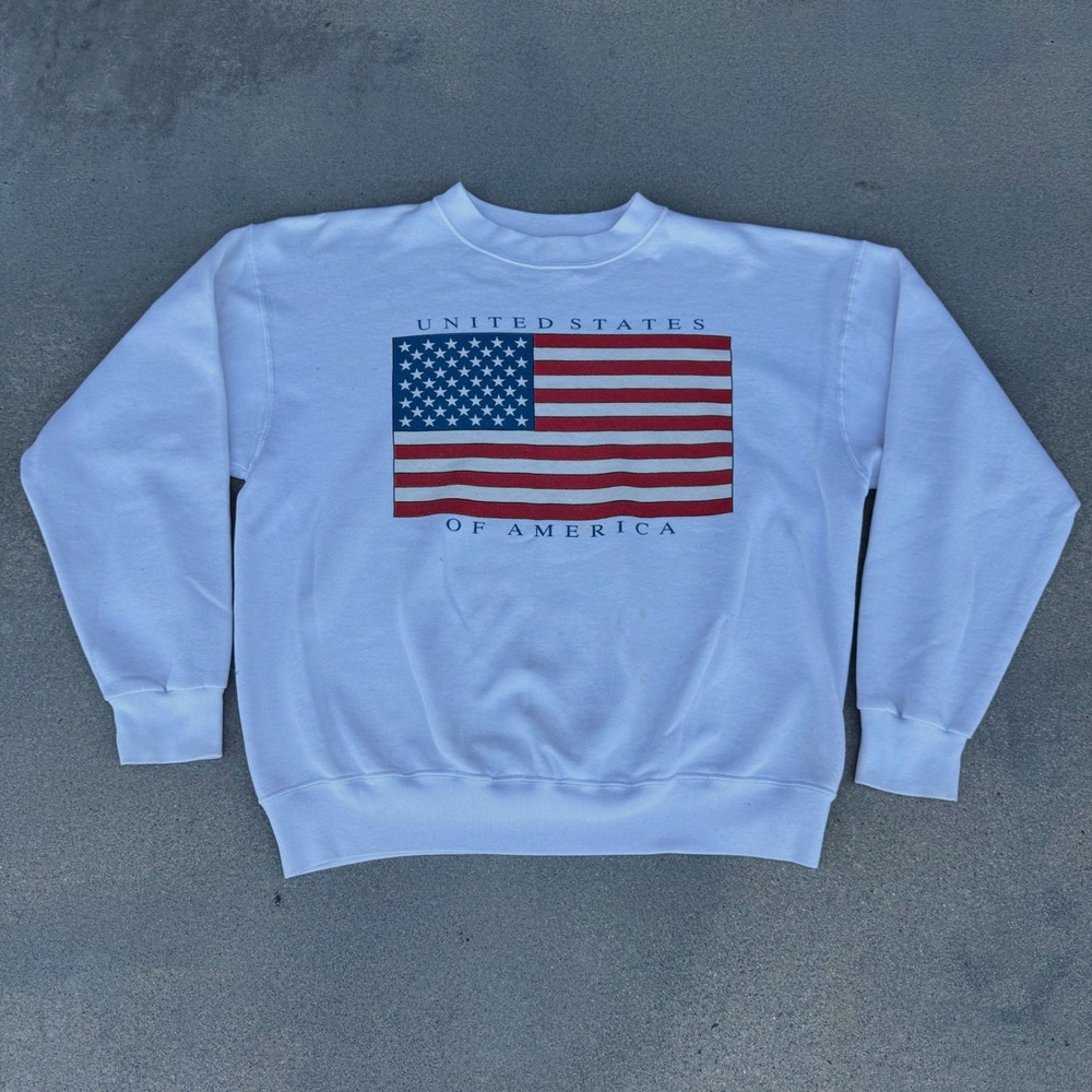 Vintage Galt Sand American Flag Sweatshirt XL White USA Made Crewneck Graphic